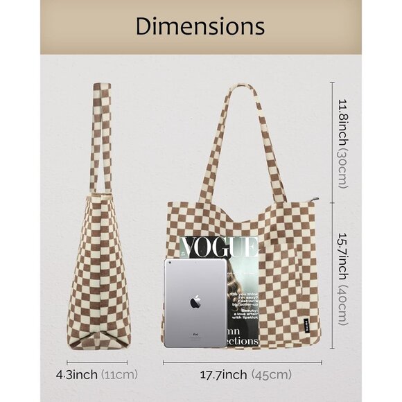 Women CheckeredBrown Corduroy Shoulder Tote Shopping Bag with Zipper and Pockets - Picture 3 of 6
